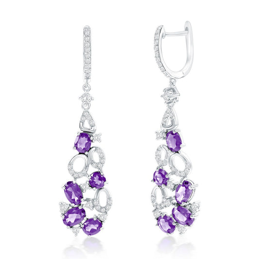 Sterling Silver, Multi Oval Amethyst & White Topaz Earrings