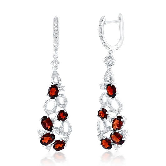 Sterling Silver, Multi Oval Garnet & White Topaz Earrings - 7.9cttw