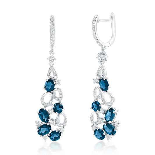 Sterling Silver, Multi Oval London Blue Topaz & White Topaz Earrings