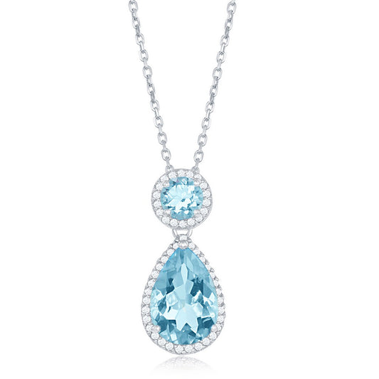 Elegant blue topaz sterling silver necklace featuring a teardrop and round gemstone design