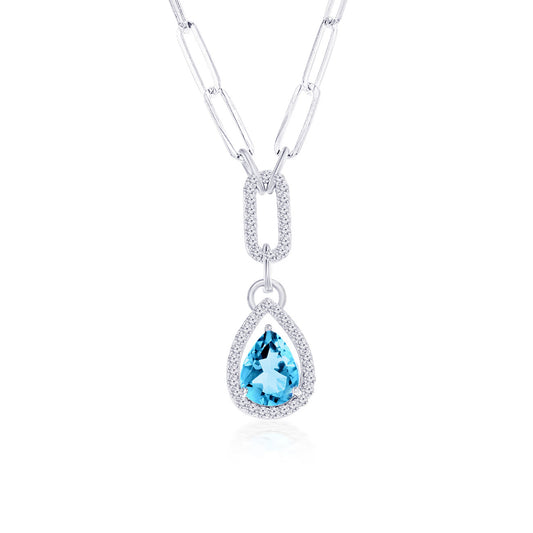 Sterling Silver, Pearshaped 7x9mm Blue Topaz & White Topaz Paperclip Necklace