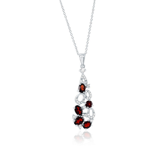 Sterling Silver, Multi Oval Garnet & White Topaz Necklace - (2.61cttw)