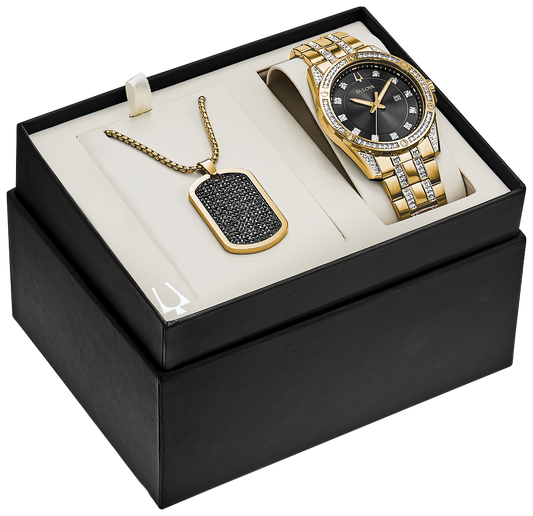 Quartz Crystal Black Dial Men's Watch Set 98K107 | Bulova