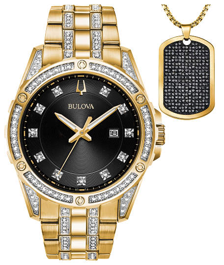 Quartz Crystal Black Dial Men's Watch Set 98K107 | Bulova