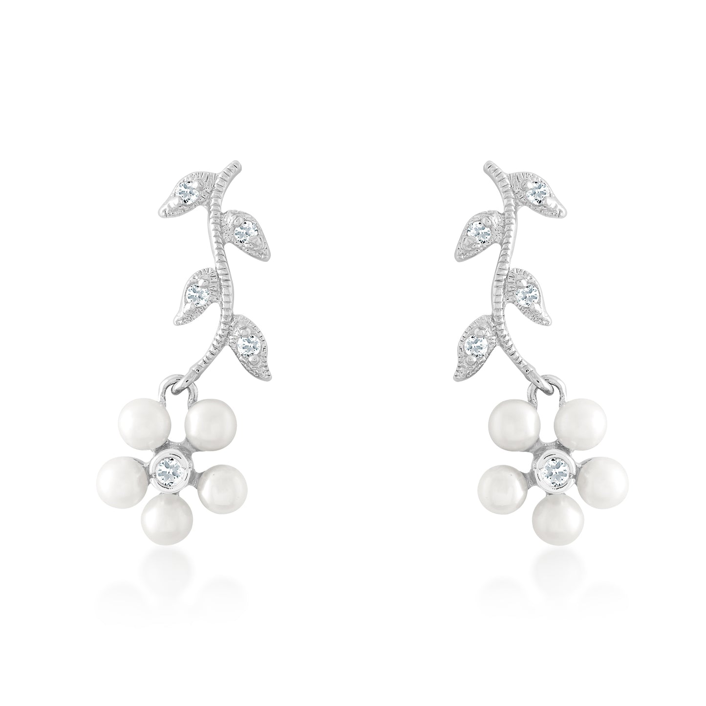 Sterling Silver, Pearl Flowers & Clear CZ Leaves Earrings