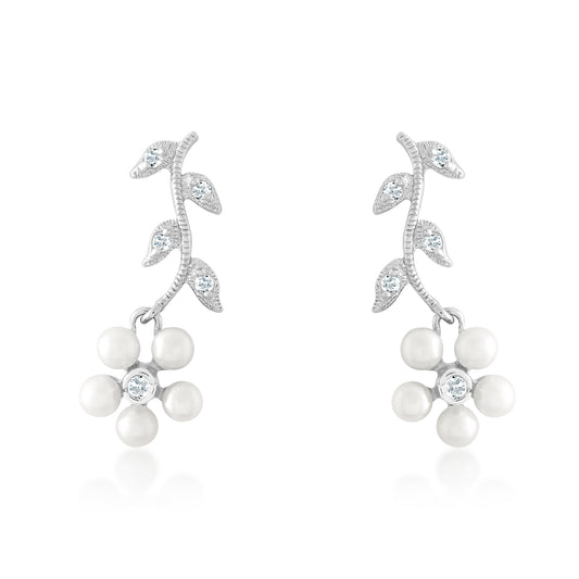 Sterling Silver, Pearl Flowers & Clear CZ Leaves Earrings