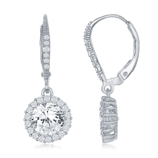 Sterling Silver, Large CZ surrounded by Smaller CZs Dangling Earrings