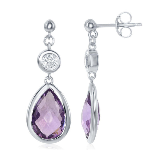 Sterling Silver, White Topaz and Gem Teardrop Earrings -  Amethyst