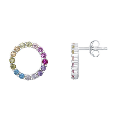Sterling Silver Rainbow CZ Open Circle Stud Earrings