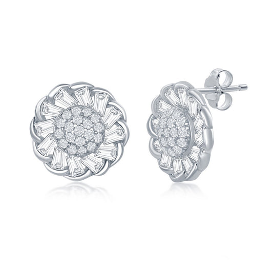Sterling Silver Micro Pave Center & Baguette CZ Border Flower Design Stud Earrings