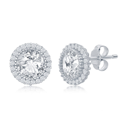 Sterling Silver, 10mm Round CZ with Halo Stud Earrings