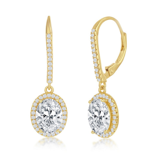 Sterling Silver, Oval CZ Halo Dangling Earrings - Gold Plated