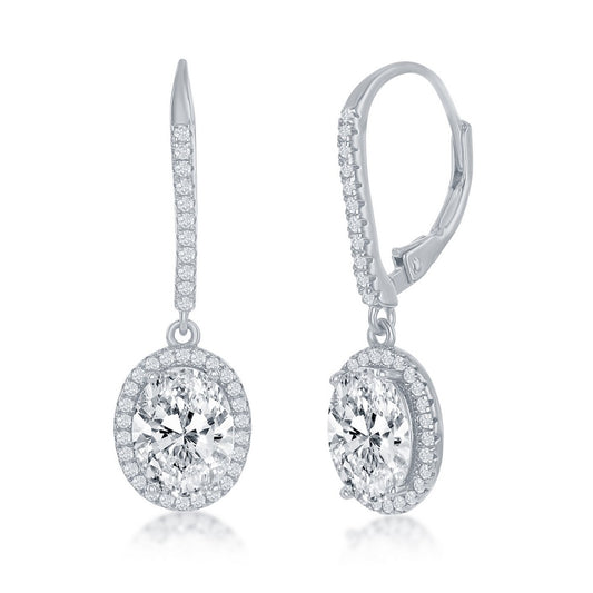 Sterling Silver, Oval CZ Halo Dangling Earrings