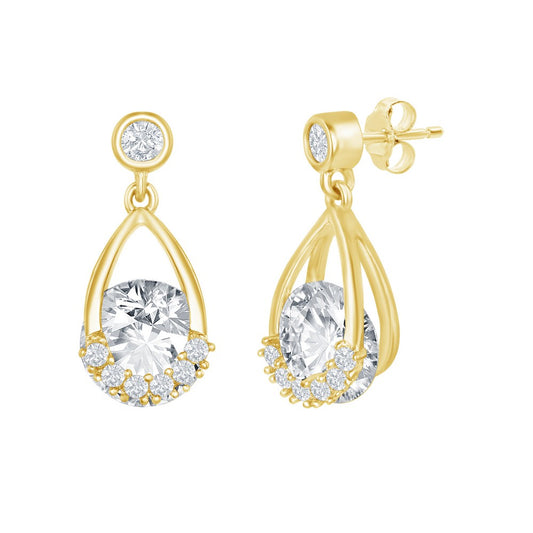 Sterling Silver, Pear-Shaped Round Spinning CZ Earrings - Gold Plated
