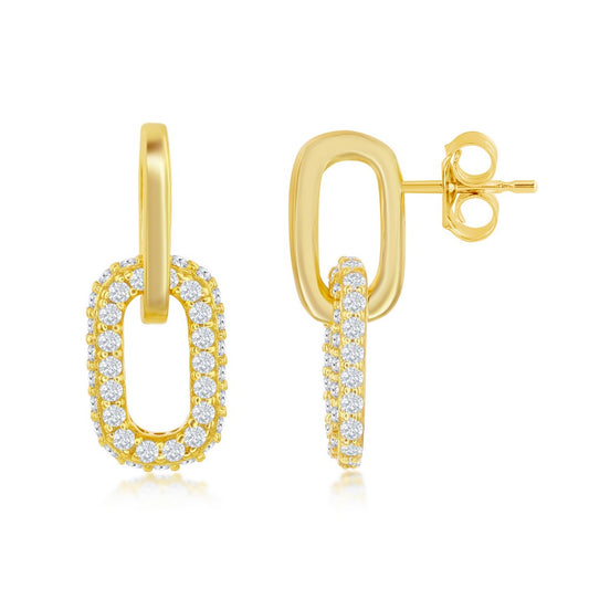 Sterling Silver, Micro Pave CZ Paperclip Earrings - Gold Plated