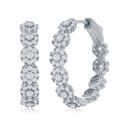 Sterling Silver, 25mm CZ Flower Design Hoop Earrings