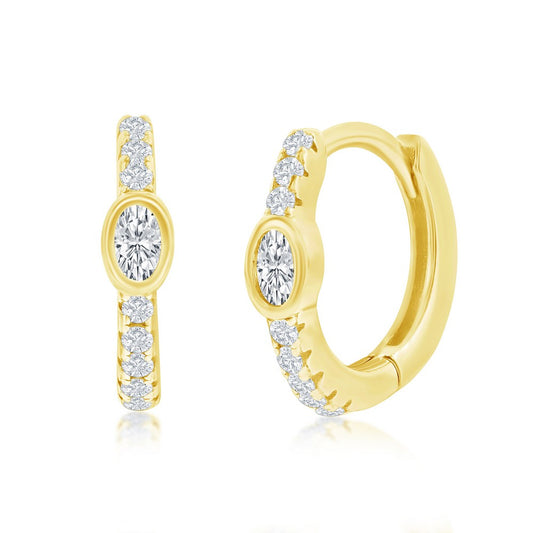 Sterling Silver, 11MM Center Oval CZ Huggie Hoop Earrings - Gold Plated