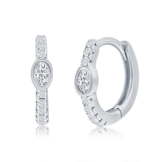 Sterling Silver, 11MM Center Oval CZ Huggie Hoop Earrings