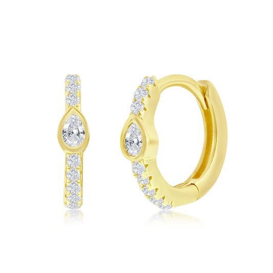 Sterling Silver, 11MM Center Pearshaped CZ Huggie Hoop Earrings - Gold Plated