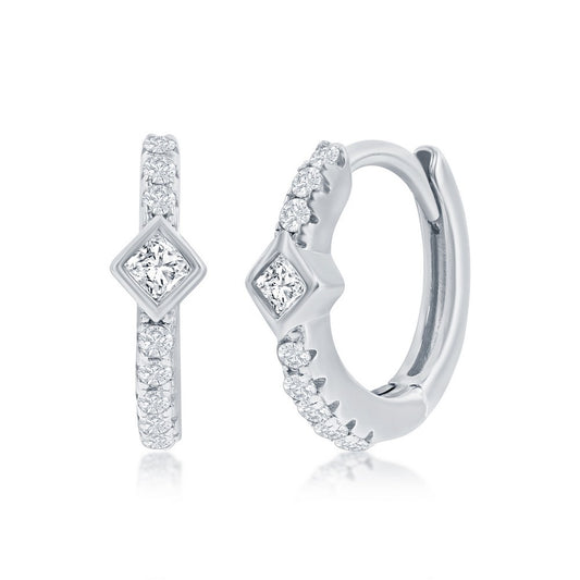 Sterling Silver, 11MM Center Diamond-Shape CZ Huggie Hoop Earrings