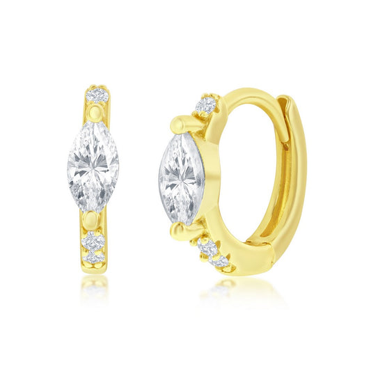 Sterling Silver, 11MM Center Marquise CZ Huggie Hoop Earrings - Gold Plated