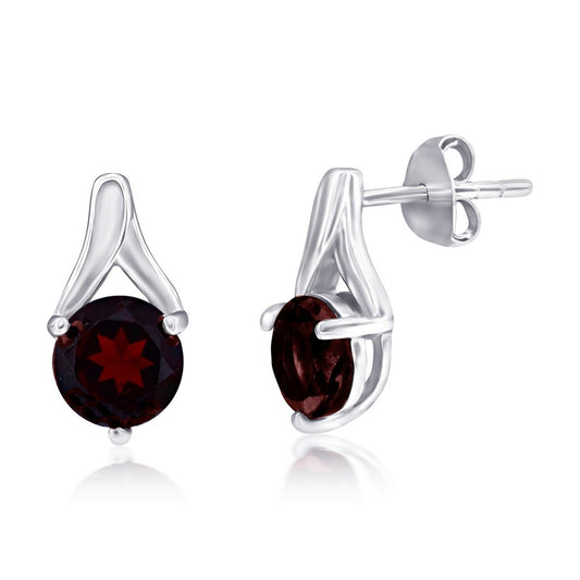 Sterling Silver, Round 6MM Gem Earrings - Garnet