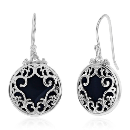 Sterling Silver, Round Onyx Filigree Design Earrings