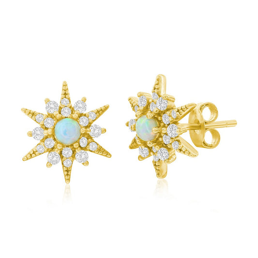 Sterling Silver, White Opal Sunburst CZ Stud Earrings - Gold Plated