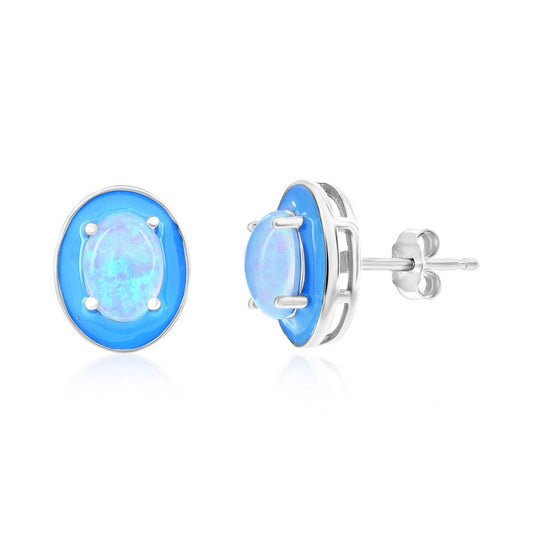 Sterling Silver, White Opal & Blue Enamel Oval Studs