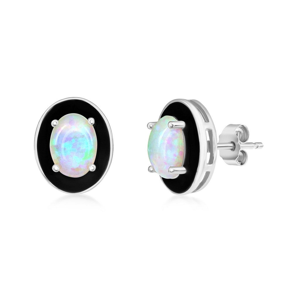 Sterling Silver, White Opal & Black Enamel Oval Studs