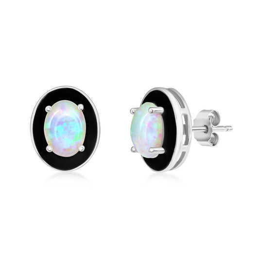 Sterling Silver, White Opal & Black Enamel Oval Studs