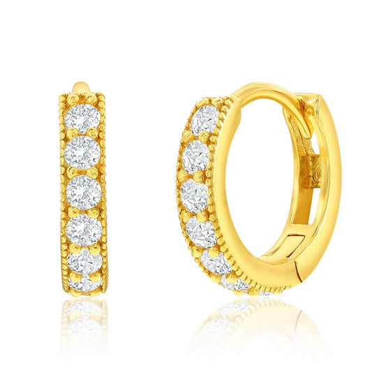 Sterling Silver, 13mm CZ Hoop Earrings - Gold Plated