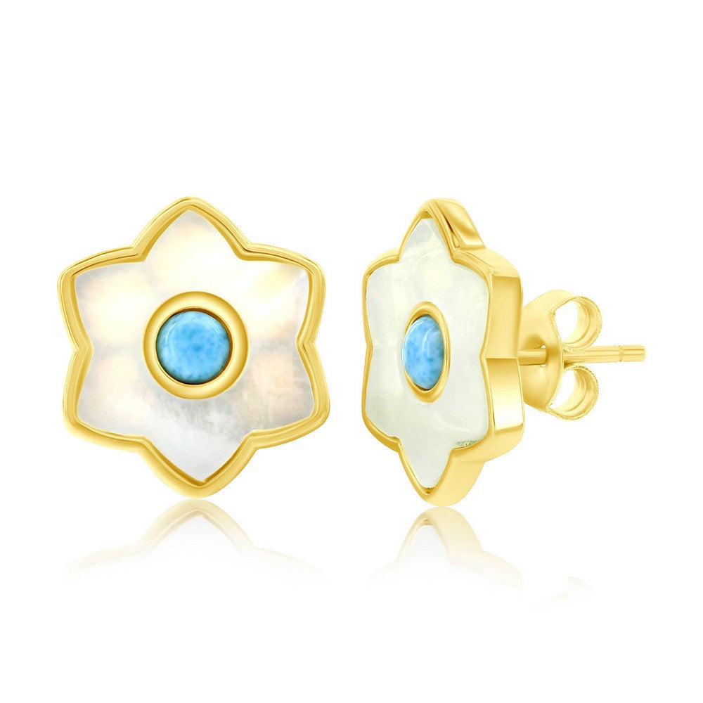 Sterling Silver, Larimar & MOP Flower Studs - Gold Plated