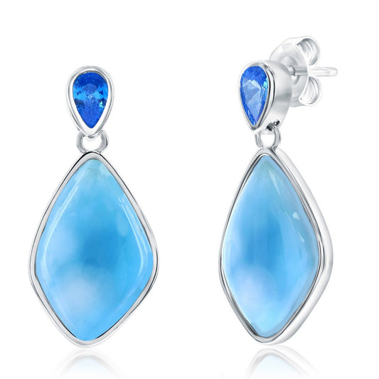 Sterling Silver, Marquise Shaped Larimar & Blue CZ Earrings