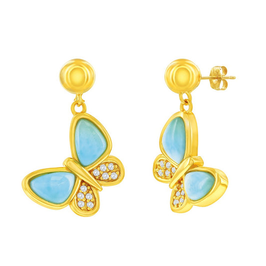Sterling Silver, Larimar & CZ Butterfly Earrings - Gold Plated