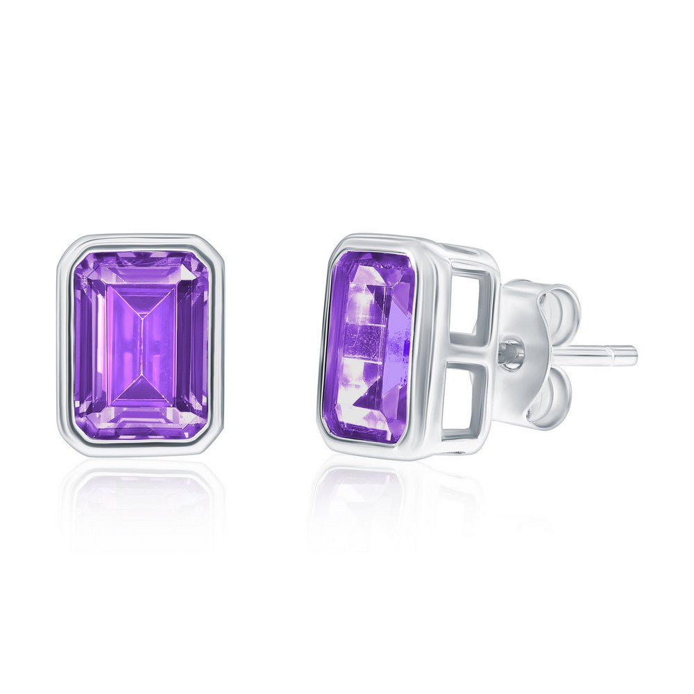 Sterling Silver, 'Feburary' Birthstone Rectangle CZ Studs - Amethyst
