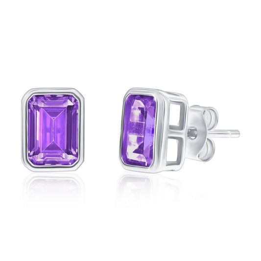 Sterling Silver, 'Feburary' Birthstone Rectangle CZ Studs - Amethyst