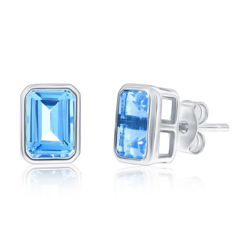 Sterling Silver, 'March' Birthstone Rectangle CZ Studs - Aquamarine