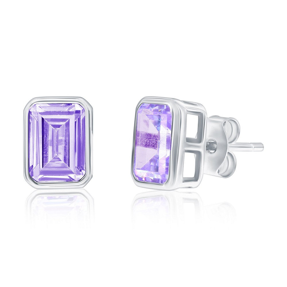 Sterling Silver, 'June' Birthstone Rectangle CZ Studs - Lavender