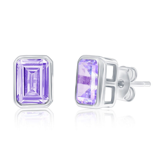 Sterling Silver, 'June' Birthstone Rectangle CZ Studs - Lavender