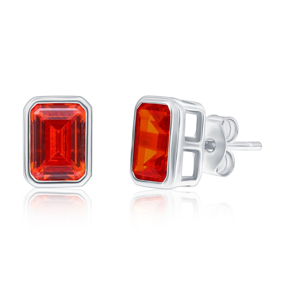 Sterling Silver, 'July' Birthstone Rectangle CZ Studs - Ruby