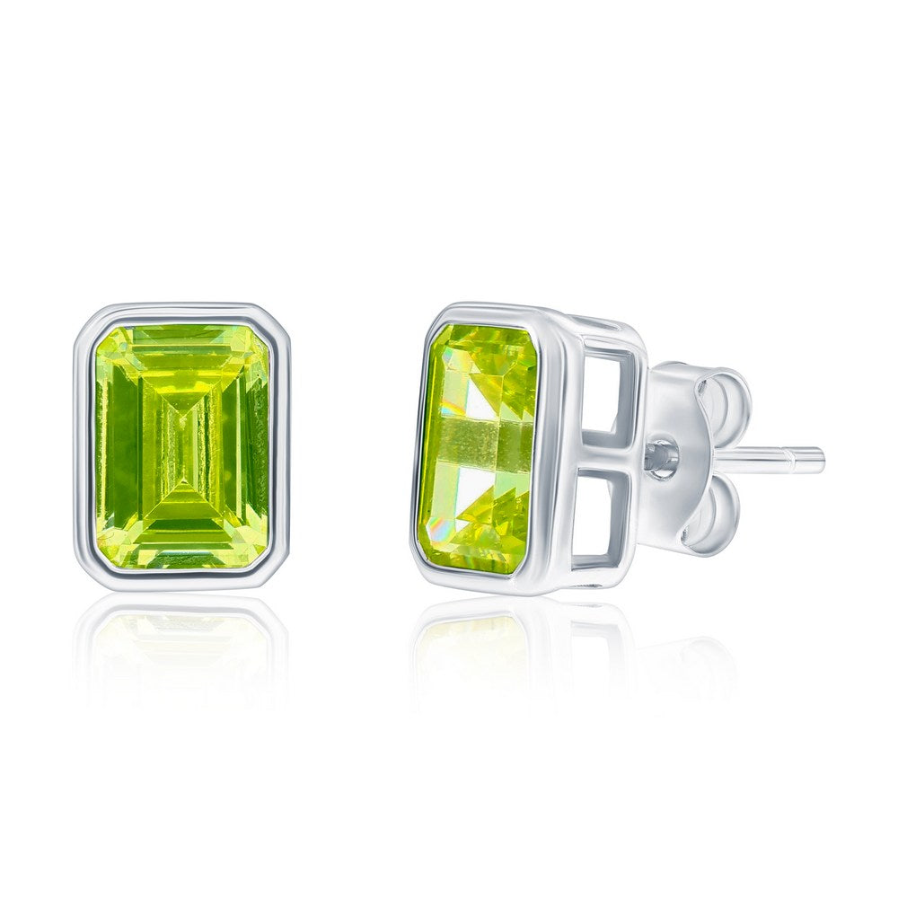 Sterling Silver, 'August' Birthstone Rectangle CZ Studs - Peridot