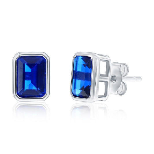 Sterling Silver, 'September' Birthstone Rectangle CZ Studs - Sapphire