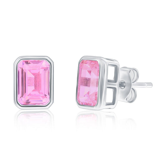 Sterling Silver, 'October' Birthstone Rectangle CZ Studs - Pink