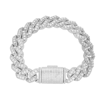 Sterling Silver Round Big Stone in Center Surrounded with Small Stones 14mm Moissanite Cuban Chain 8.5 Inch Bracelet RP 12-3/4 Cttw