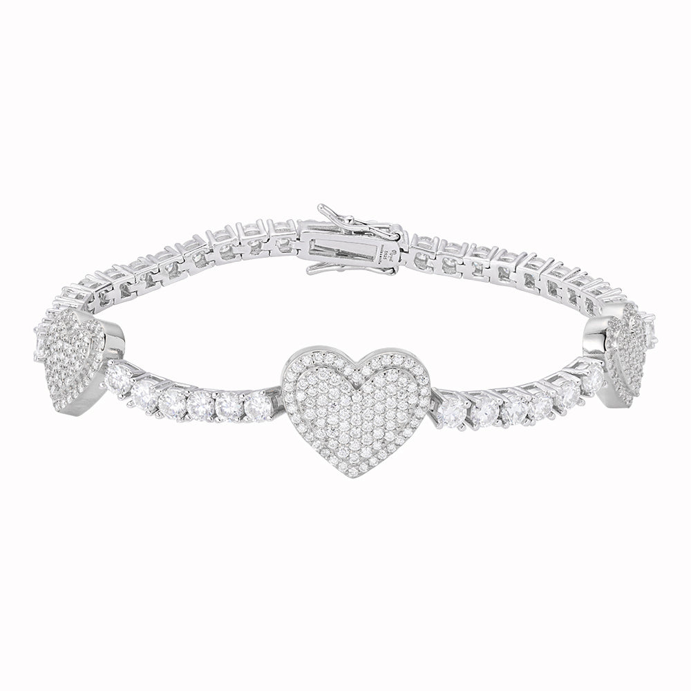 S.Silver Round Moissanite 15mm Heart Designer With 3mm Tennis Chain 8 Inch Bracelet RP 1-1/8 Cttw