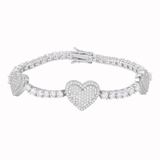 S.Silver Round Moissanite 15mm Heart Designer With 3mm Tennis Chain 8 Inch Bracelet RP 1-1/8 Cttw