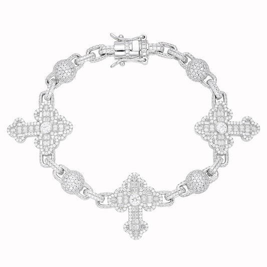 Sterling Silver Round Baguette Moissanite Cross Religious 8 Inch Bracelet Rhodium Plated 10-1/6 CT