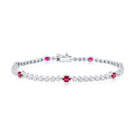 Sterling Silver, Lab-Grown 1.40ct Oval Ruby & 0.09ct Natural Diamond Bracelet - (56 Stones)