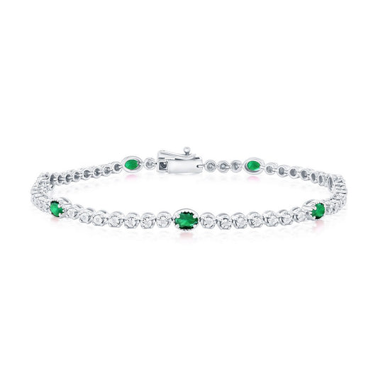 Sterling Silver, Lab-Grown 1.14ct Oval Emerald & 0.09ct Natural Diamond Bracelet - (56 Stones)